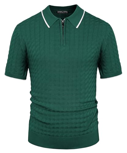 Poloshirt Herren mit halber Reißverschluss Kurzarm Lässiger Strick Polohemd T-Shirt Pullover Dunkelgrün L von PJ PAUL JONES