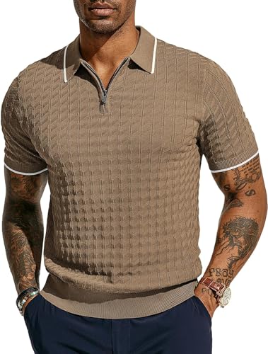 Poloshirts für Herren mit halber Reißverschluss Lässiger Kurzarm Strick Polohemd T-Shirt Pullover Khaki S von PJ PAUL JONES