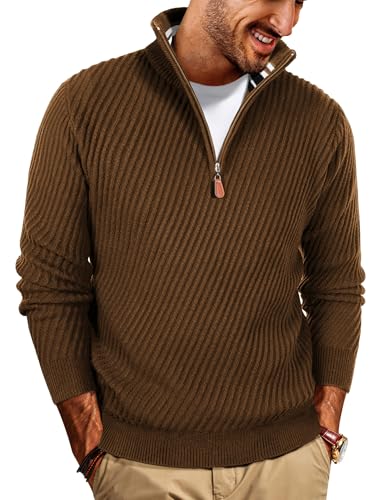 Pullover Herren mit Reißverschluss Troyer Pullover Winter Pulli V Ausschnitt Braun M von PJ PAUL JONES