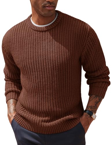 Pullover für Herren Grobstrick Pulli mit Rundhals Dicker Winterpullover Loose Fit Braun L von PJ PAUL JONES