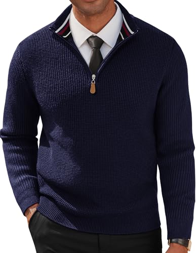Troyer Herren mit Zip Pullover Troyer Pullover mit Reißverschluss Langarm Waffel Strickpullover XXL Marineblau von PJ PAUL JONES