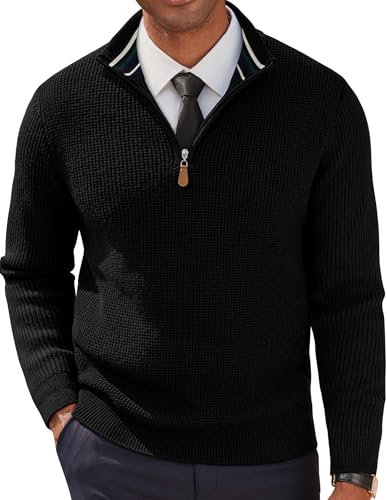 Troyer Herren mit Zip Pullover Troyer Pullover mit Reißverschluss Langarm Waffel Strickpullover XXL Schwarz von PJ PAUL JONES