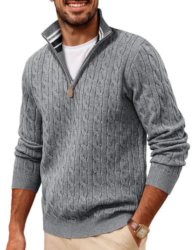 Troyer Herren mit Zip Pullover Troyer Pullover mit Reißverschluss Slim Fit Zopfmuster Strickpullover XXL Dunkelgrau von PJ PAUL JONES
