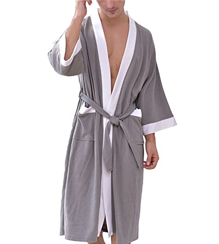 PJFCS Herren Bademantel Baumwollmischung Japanischer Kimono 3/4 Ärmel V-Ausschnitt Strickjacke Nachthemd Robe Herren Hausmantel,Grey 01,M von PJFCS