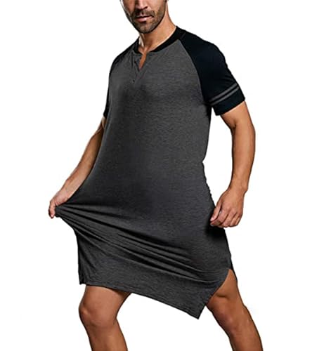 PJFCS Nachthemd Für Herren Kurzärmelige Weiche Lockere Nachtwäsche Leichte Nachtwäsche Comfy Henley Schlafhemd S-5XL,Schwarz,XXL von PJFCS