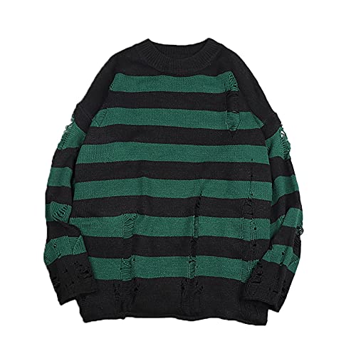 PJRYC Black Striped Pullover Pullover Herren Pullover Offene Loch Strick Pullover Männer Übergroße Sweatshirt Langarm Top (Color : Dark Green, Größe : M) von PJRYC