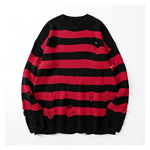 PJRYC Black Striped Pullover Pullover Herren Pullover Offene Loch Strick Pullover Männer Übergroße Sweatshirt Langarm Top (Color : Red, Größe : L) von PJRYC