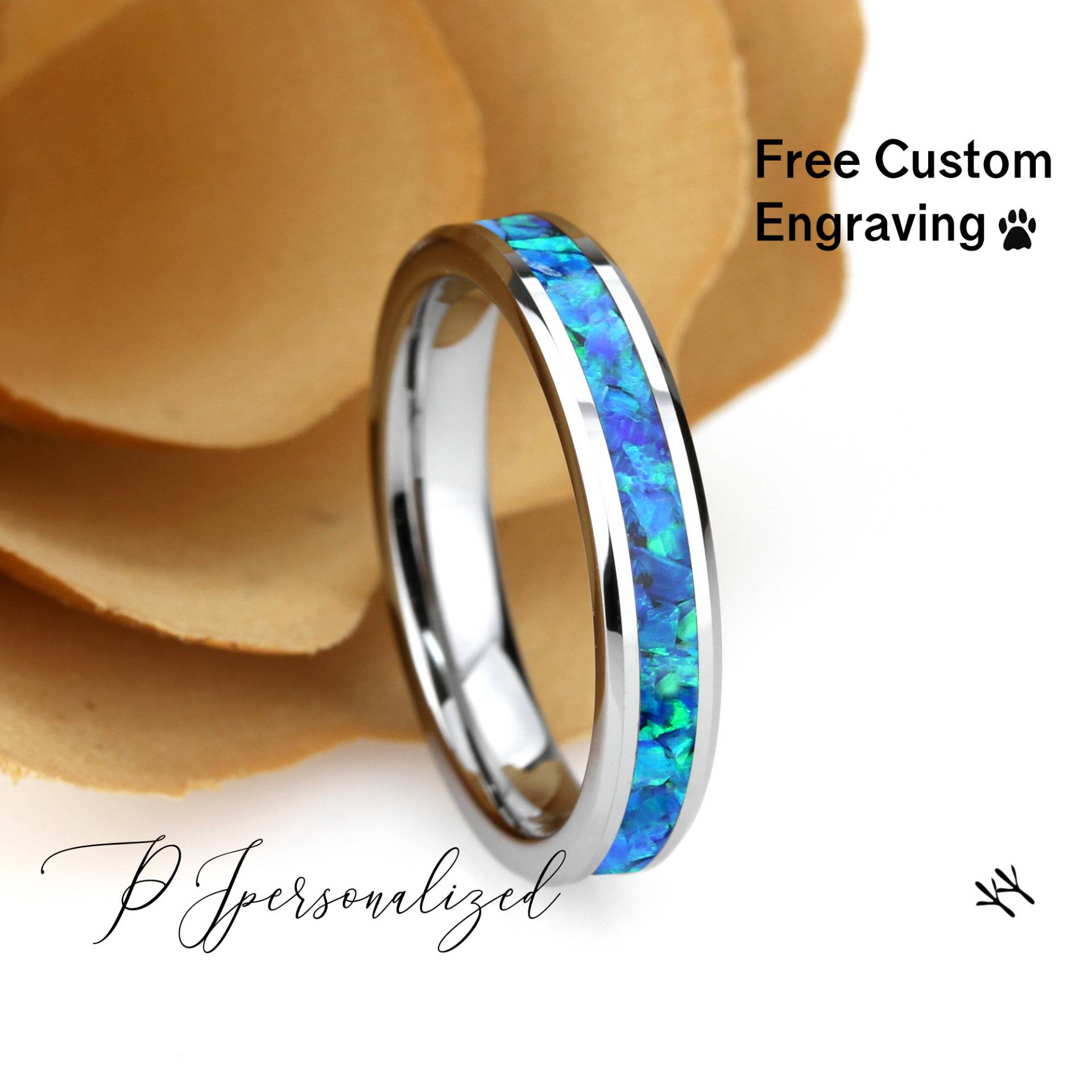 Crushed Blue Feueropal Inlay 4mm Wolfram Ehering, Schwarze Keramik Ehering Für Frauen, Ring Versprechen Ring, Geschenk von PJpersonalized