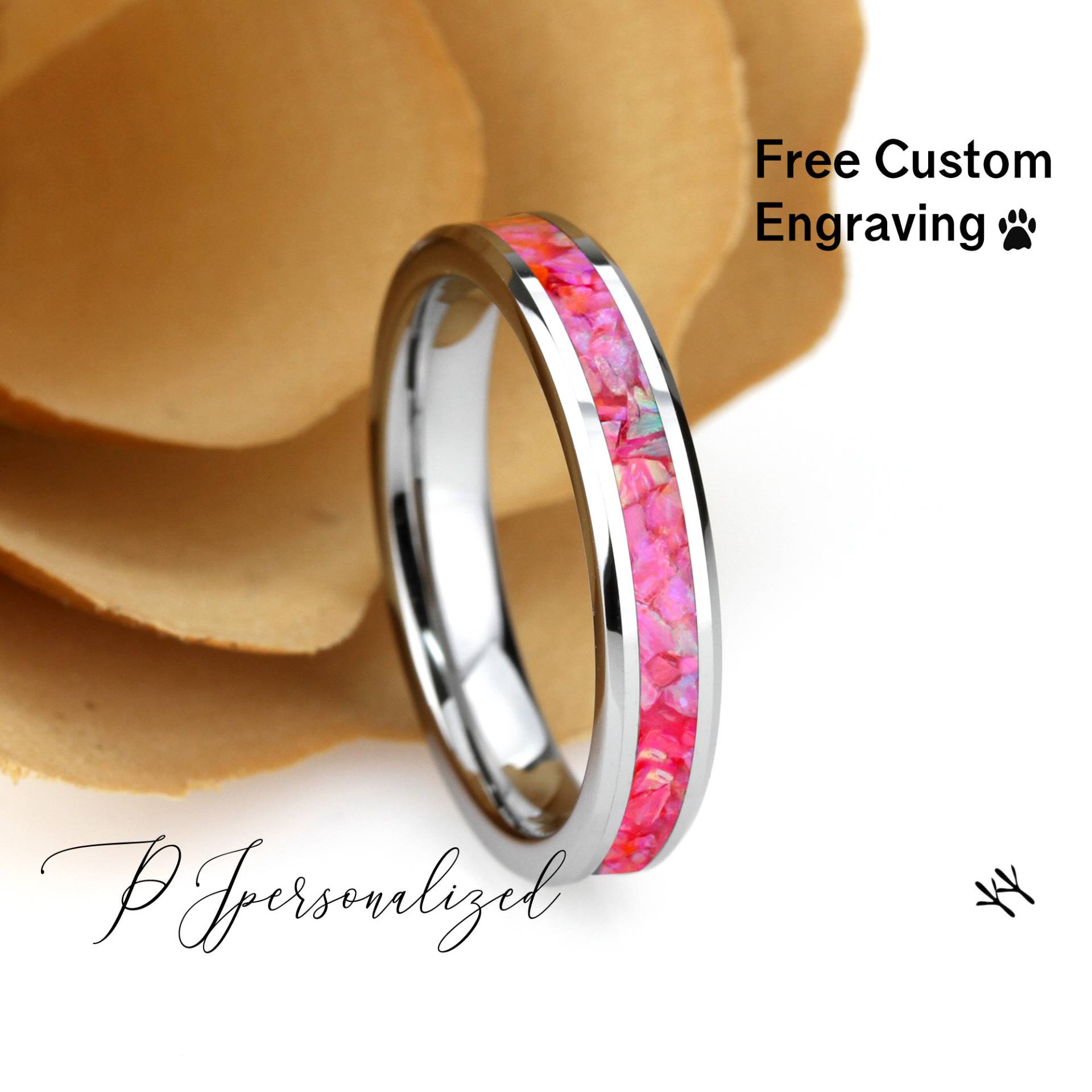 Crushed Pink Feuer Opal Inlay 4mm Wolfram Ehering, Schwarze Keramik Band Für Frauen, Ring Versprechen Ring, Geschenk von PJpersonalized