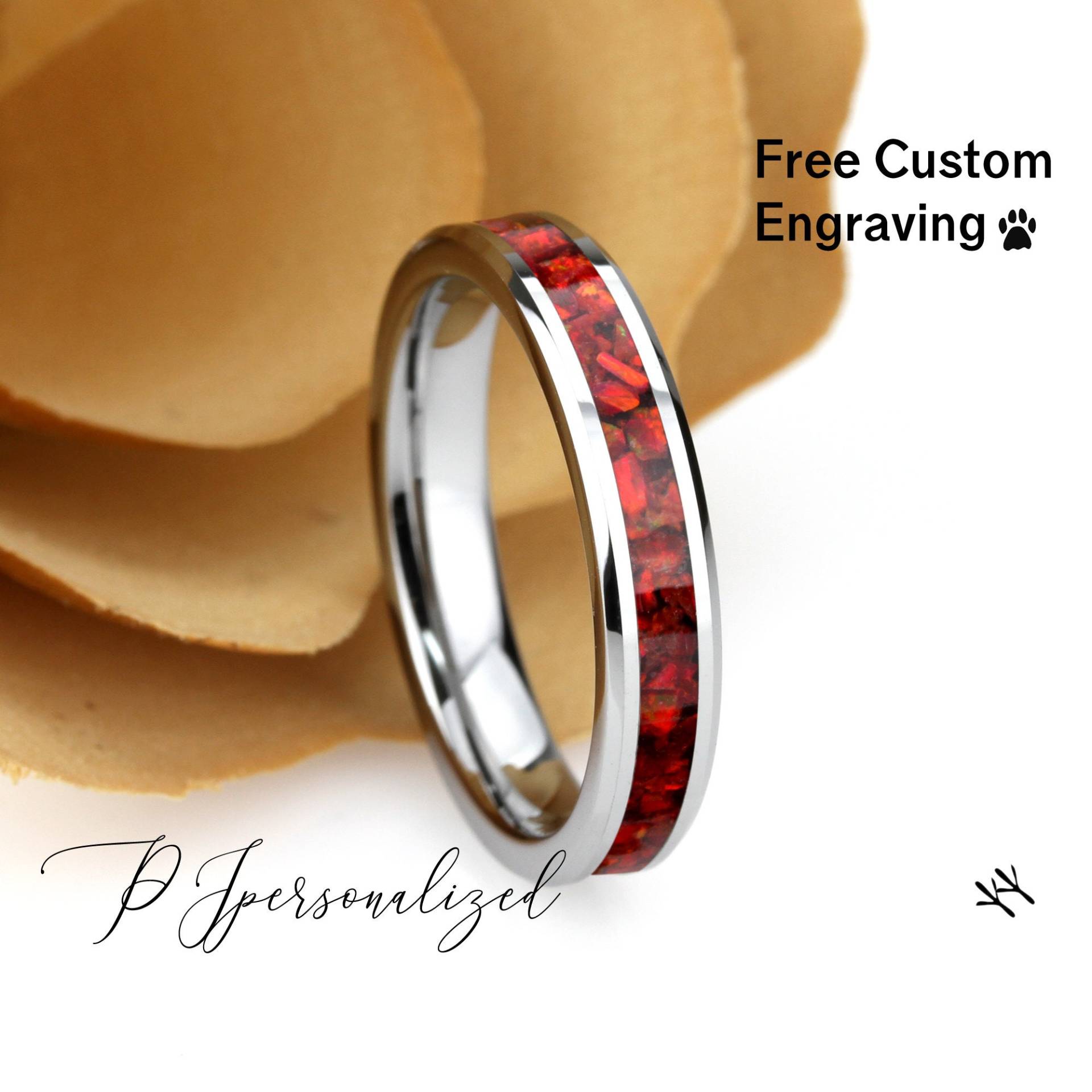 Crushed Red Feueropal Inlay 4mm Wolfram Ehering, Schwarze Keramik Band Für Frauen, Ring Versprechen Ring, Geschenk von PJpersonalized