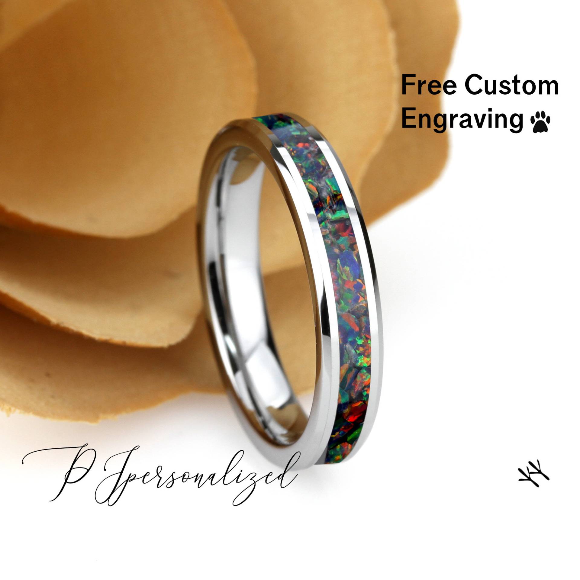 Crushed Schwarz Regenbogen Opal Inlay 4mm Wolfram Ehering, Schwarze Keramik Ehering Für Frauen, Feueropal Ring Versprechen von PJpersonalized