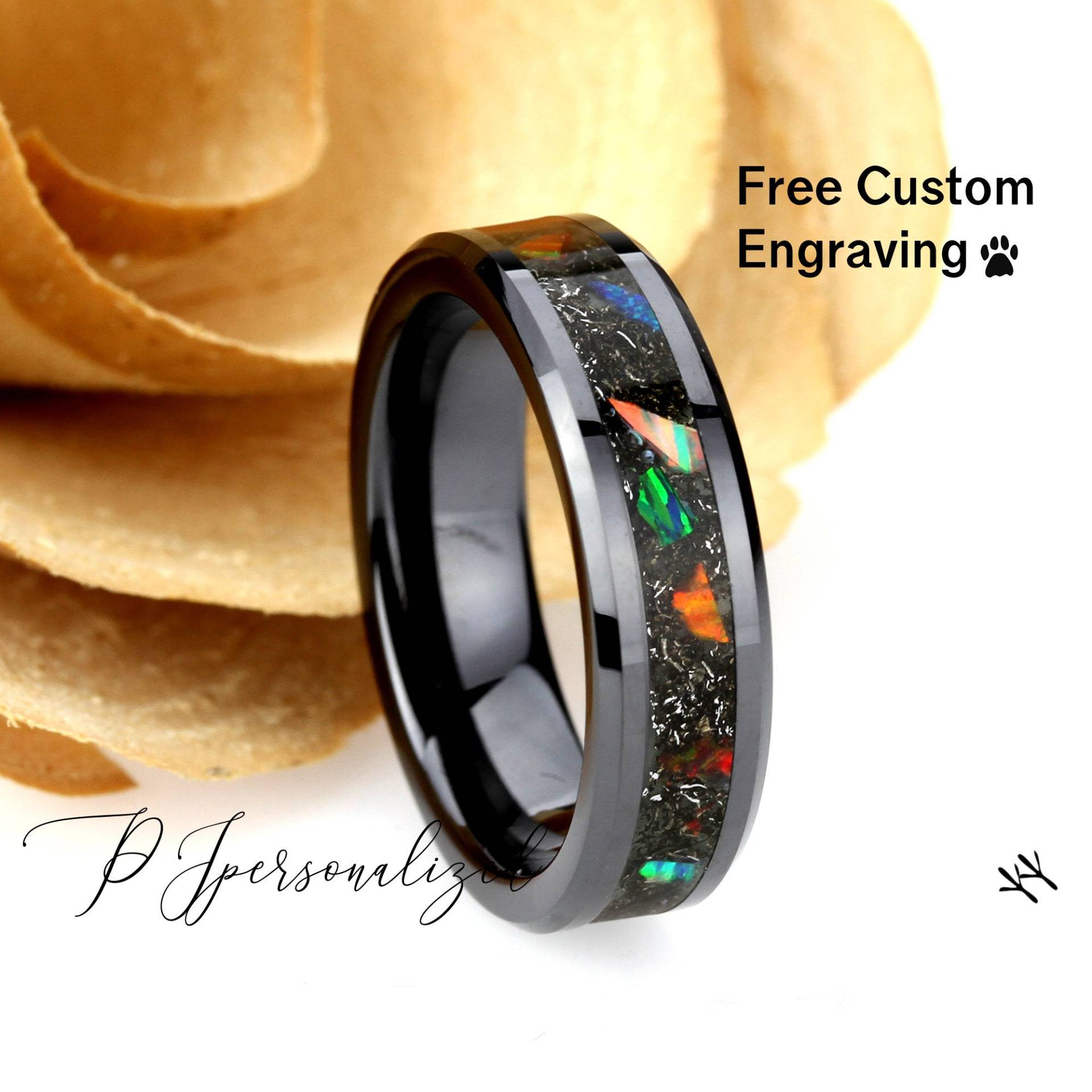 Feueropal Meteorit Inlay 6mm Wolfram/Schwarz Keramik Ehering Männer & Frauen, Glow in The Dark Wedding Band Für Versprechen Geschenk von PJpersonalized