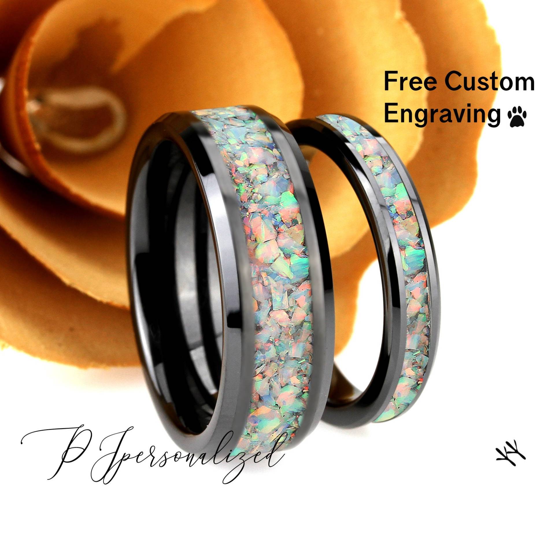 His & Hers Schwarz Keramik Ehering Set, Weißer Feuer Opal Inlay Keramikring Für Männer Und Frauen, 8mm/4mm, Versprechen Ring Paare von PJpersonalized