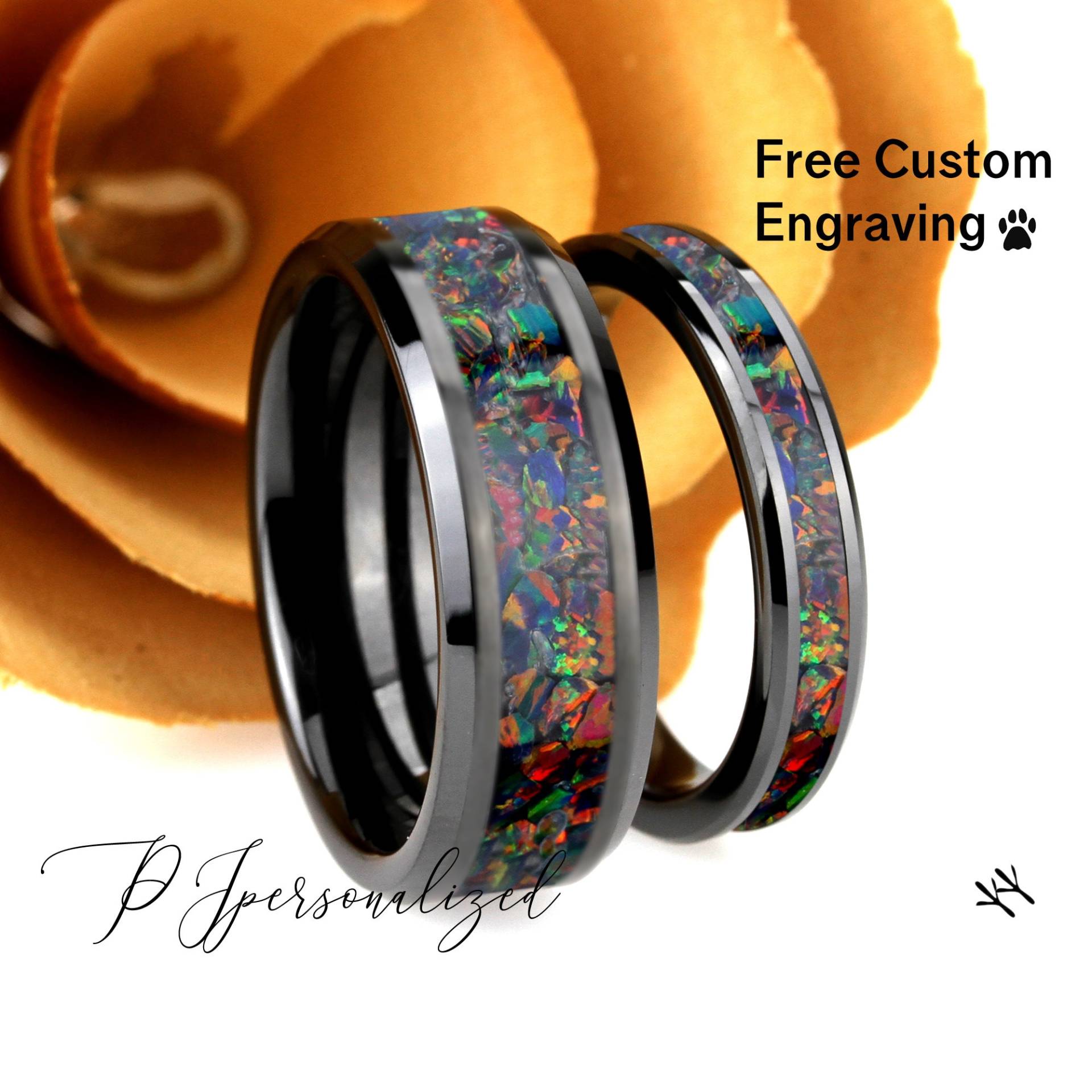 His & Hers Schwarzer Keramik Ehering Set, Regenbogen Feuer Opal Inlay Ring Für Männer & Frauen, 8mm/4mm, Versprechen Paare von PJpersonalized