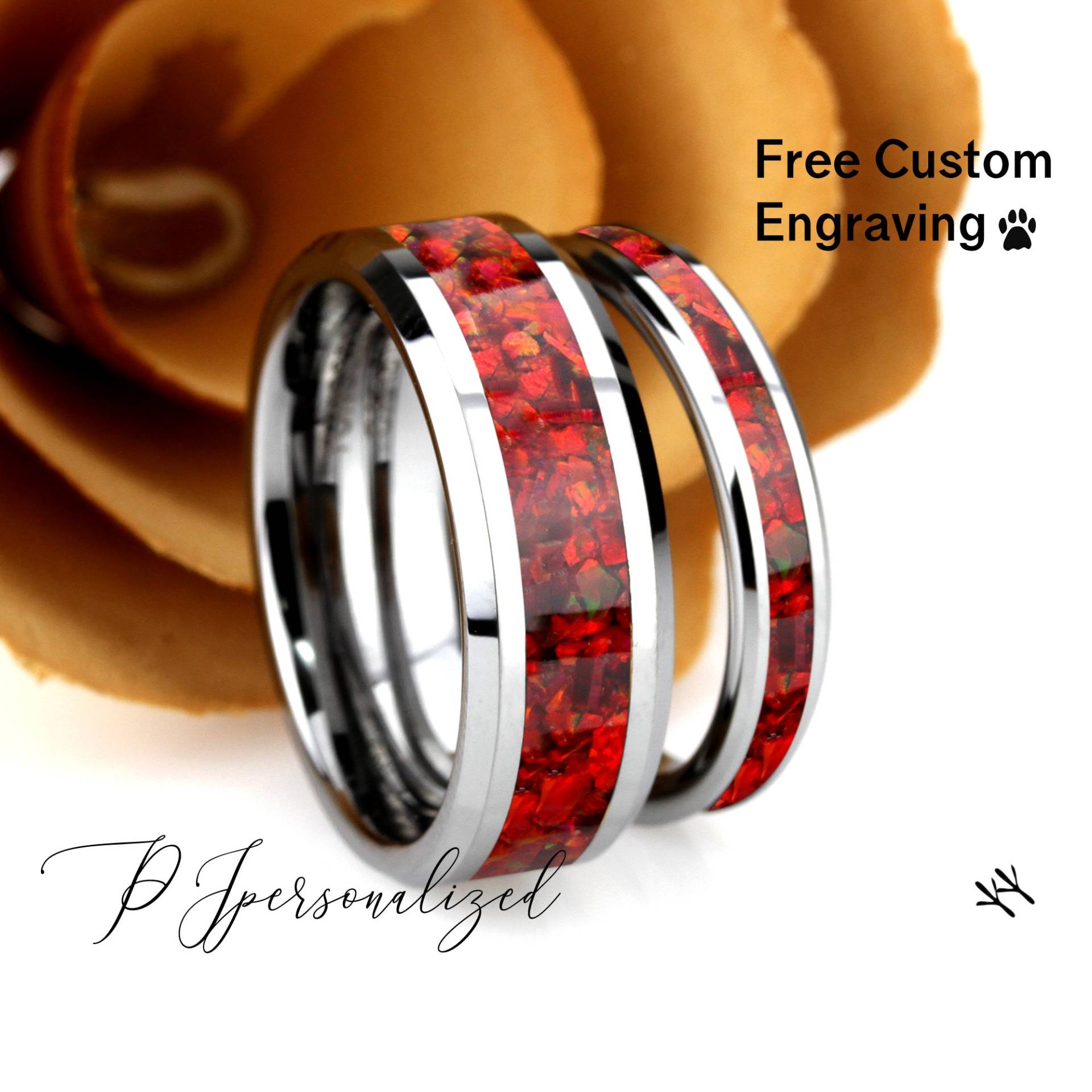 His & Hers Wolfram Ehering Set, Roter Feueropal Inlay Wolframring Für Männer & Frauen, 8mm/4mm, Versprechen Ring Paar, Geschenk von PJpersonalized