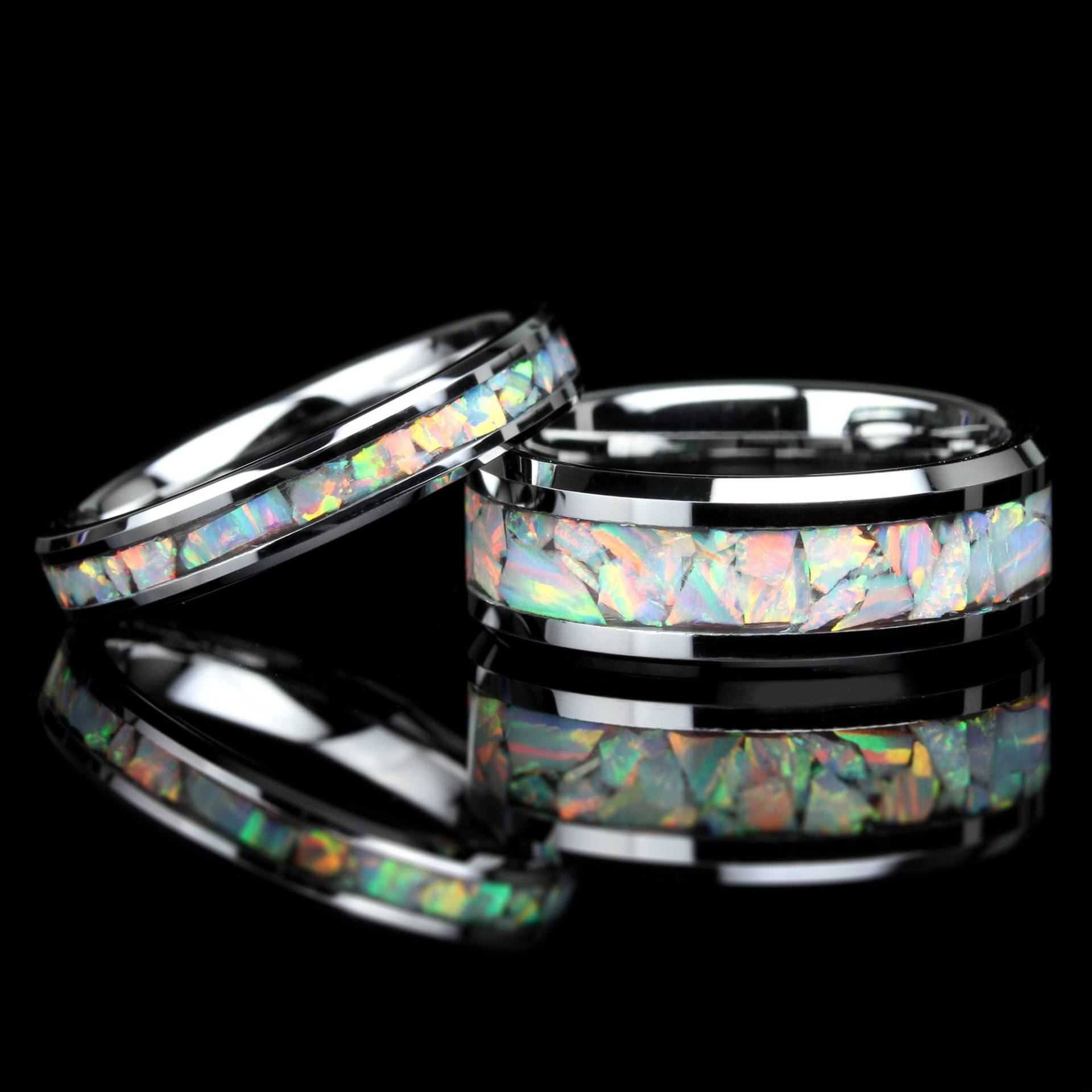 His & Hers Wolfram Ehering Set, Weißer Feueropal Inlay Für Männer & Frauen, 8mm/4mm, Versprechensring Paar von PJpersonalized