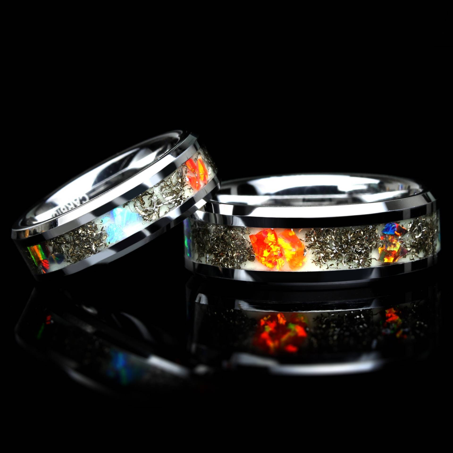 Sein Und Ihr Wolfram Ehering Set, Meteorit Feuer Opal Inlay Für Männer & Frauen, 8mm/6mm, Versprechen Ring Paare von PJpersonalized