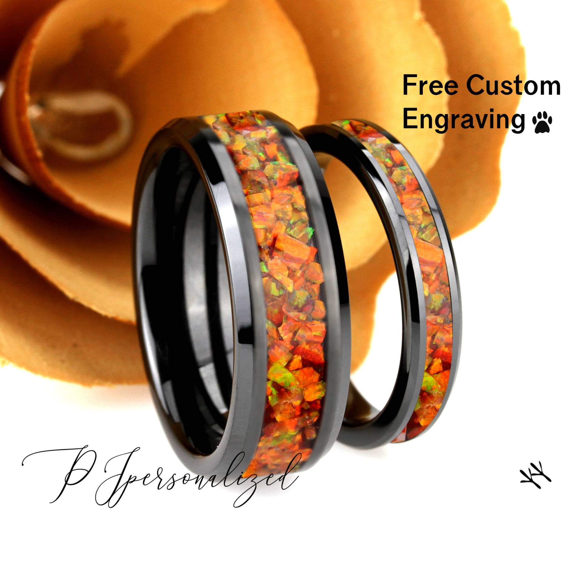 Seine Und Ihre Schwarze Keramik Ehering Set, Orange Feueropal Inlay Keramikring Für Männer Frauen, 8mm/4mm, Versprechen Ring Paar von PJpersonalized