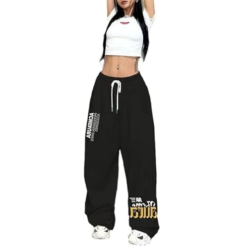 PKIMKM Hip Hop Tanzhose Weites Bein Sweatpants mit Kordelzug Hohe Taille Baggy Jogger S-3XL, Schwarz , S PKIMKM Hip Hop Tanzhose Weites Bein Sweatpants mit Kordelzug Hohe Taille Baggy Jogger S-3XL, Schwarz , S von PKIMKM