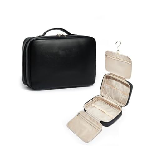 Reise-Kulturbeutel, 3-lagig, wasserdicht, PU-Leder, hängender Make-up-Organizer mit elastischen Bändern, 27 x 9 x 19 cm, Schwarz , Travel von PKIMKM