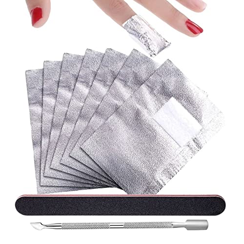PKOUVOO 100 Stück Nail Polish Remover Wraps Pads, Aluminiumfolie Nagellack Remover Pads, 1 Stück Nagelhaut Schieber und 1 Nagelfeile Streifen, Hilfsmittel zum einfachen entfernen von Nagellack von PKOUVOO
