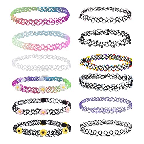 PLABBDPL 12 Stück Elastische Halskette, Stretch Tattoo Choker Kette Rainbow Armband Vintage Gummi Tattoo Halskette Henna Halsband für Mädchen Frauen Teen Mädchen Kinder von PLABBDPL