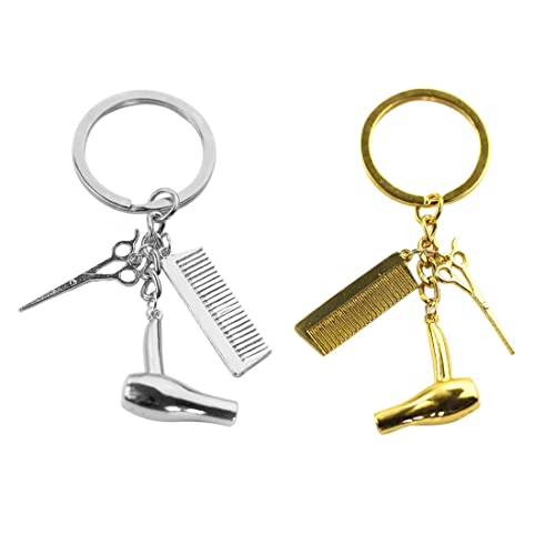 2 STÜCKE Föhn Schere Kamm Keychain Auto Schlüsselanhänger Handtasche Tasche Anhänger Dekoration Hängende Keychain Zubehör Kreatives Geschenk (Golden und Silber) von PLABBDPL