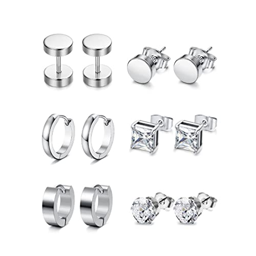 6 Paar Edelstahl Ohrringe für Herren Damen Ohrringe Set Ohrstecker Edelstahl Fake Plugs Creolen Zirkonia Ohrstecker Set Ohrschmuck Piercing Unisex (Silber) von PLABBDPL