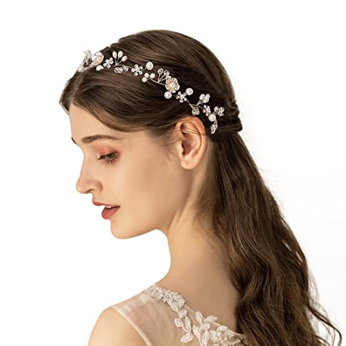 Braut Stirnband Haarschmuck Hochzeit Braut Stirnband Braut Kopfschmuck Vintage Perle Haarkranz mit Blatt Gold Braut Haarband Kristall Blinkender Braut Haarschmuck Handgefertigtes Braut Stirnband von PLABBDPL