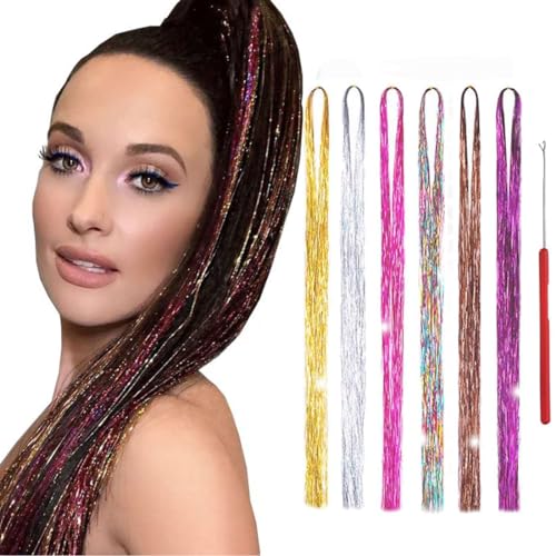 Farbige Haarverlängerung, 6 Stück Glitzer Haarsträhnen, Bunte Haarsträhnen, 90cm Bunte Haarteile, Bunte Haarverlängerung Mit 1 Häkelnadel für Frauen/Mädchen Party Festival Deko, 6 Farben von PLABBDPL