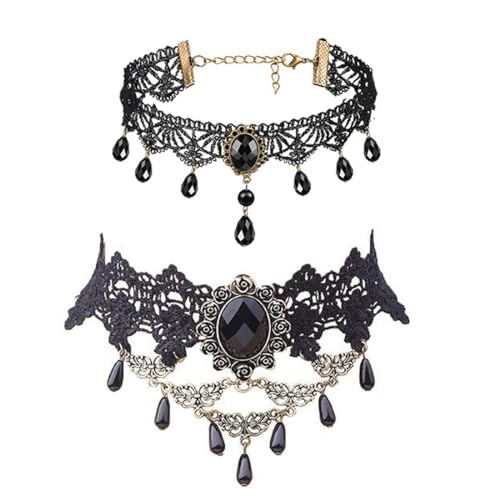 Gothic Halskette Set Schwarz Halsschmuck Damen Spitze Kette Damen Gotisch Choker Zubehör Vintage Halsband Victorian Schmuck für Halloween Pfingsten Maskerade Karneval Fasching Halloween Outfit,2 Stück von PLABBDPL