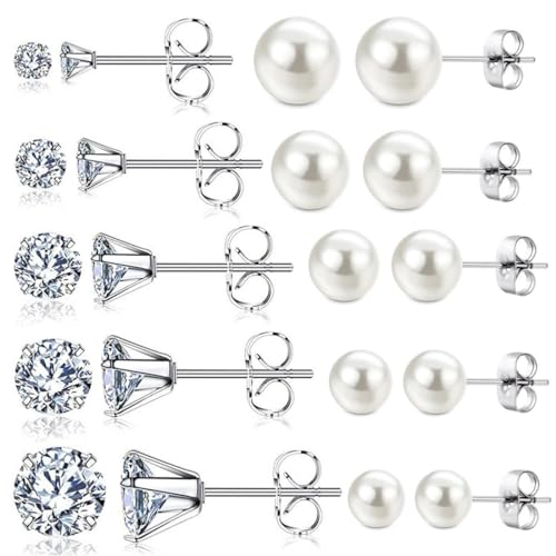 PLABBDPL 10 Paar Perlenohrringe Strass-Ohrringe, Weiße Perlenohrstecker, Damen Ohrstecker, Perlen Ohrringe Damen, Perlenohrstecker, Ohrringe Set für Damen Mädchen, 3-7mm von PLABBDPL
