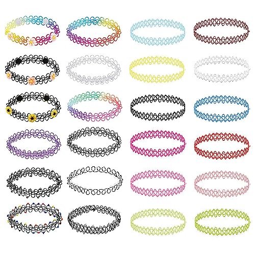 PLABBDPL 24 Stück Elastische Halskette,Stretch Tattoo Choker Kette Rainbow Armband Vintage Gummi Tattoo Halskette Henna Halsband für Mädchen Frauen Teen Mädchen Kinder von PLABBDPL