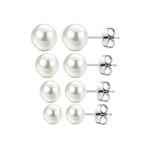 PLABBDPL 4 Paar Perlenohrringe,Perlenohrringe,Silber 925 Weiße Perlenohrstecker,Damen Ohrstecker,Perlen Ohrringe Damen,Perlenohrstecker, Ohrringe Set für Damen Mädchen von PLABBDPL
