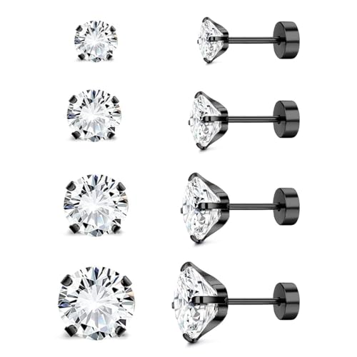 PLABBDPL 4 Paare Ohrstecker Silber 925 Ohrringe Set For Damen Herren Hypoallergen Sleeper Stud Set Ohrringe für Damen Männer Mädchen 2~5mm（Schwarz） von PLABBDPL