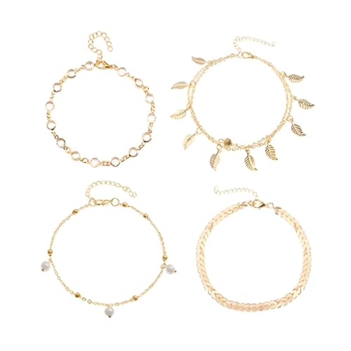 PLABBDPL 4 Stücke Fußkettchen für Damen Wasserfest Mehrreihige Fußkette Gold Set Frauen Vergoldet Verstellbaren Sommer Strand Fußschmuck von PLABBDPL
