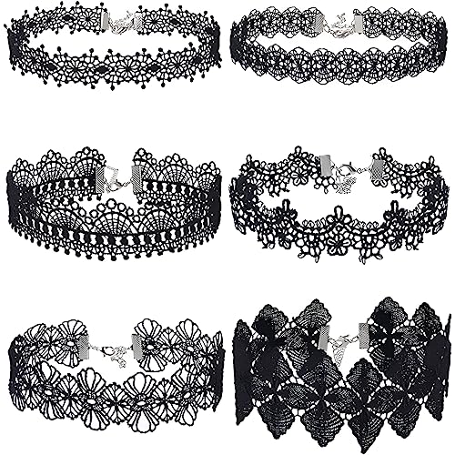 PLABBDPL Choker,Spitzen Choker, 6Pcs Halsketten Set, Tattoo Gothic Spitze Choker Ketten Stretch Samt Classic,schwarz,Choker Halskette Schwarz,Schwarz Gothic Halsband Tattoo Spitze Punk Halskette Damen von PLABBDPL