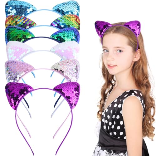 PLABBDPL Katzenohren Haarreif Set,6 Stück Glitzer Katze Haar Hoops Metall katzenohren Stirnband Pailletten Cat Ears Stirnbänder Mädchen Haarschmuck Für Geburtstagsparty Cosplay von PLABBDPL