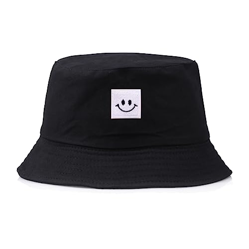 PLABBDPL Smile-Muster Fischerhut, Mode Draussen Baumwolle Bucket Hat Sonnenhut, Weich und Atmungsaktiv Faltbarer Unisex Strandhut Sommerhut Camping Reisen Wandern, Schwarz von PLABBDPL