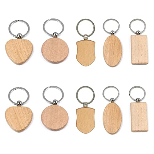 Schlüsselanhänger Holz, 10 Stück Blanko DIY Schlüsselring Holz mit Ring, Personalisiert Naturholz Schlüsselbund Holzanhänger Holzschlüsselanhänger für Schlüssel Damen Männer Geschenk（5 Modelle） von PLABBDPL