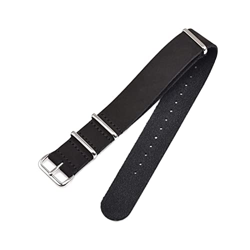 PLACKE Leder Uhrenbandband geeignet for NATO Uhrengurt fit for ZULU Schwarz Schnalle Uhr Accessoires 18mm 20mm 22 mm 24mm (Color : Black-silver buckle, Size : 18mm) von PLACKE