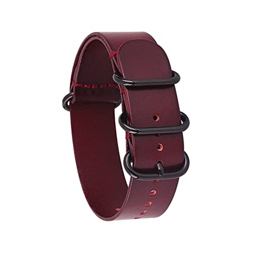 PLACKE Leder Uhrenbandgurt Männer Frauen Silber Schwarz Ringschnalle Armband Bandzubehör 14mm 16 18 mm 20mm 22 mm 24 mm fit for NATO Passt for ZULU (Color : Winered02, Size : 22mm) von PLACKE