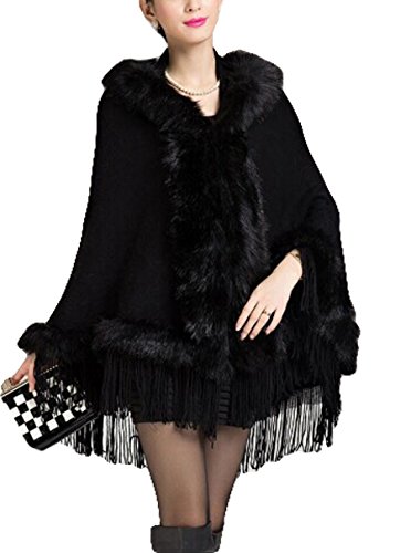 PLAER Damen Faux Kaschmir Schal Umhang Mantel mit Kapuze Fransen Cape Cardigan Gr. Einheitsgröße, Schwarz von PLAER