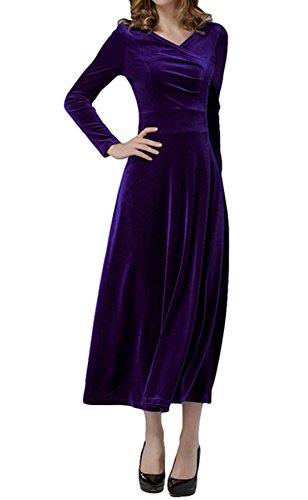 Damen V-Ausschnitt Lang Stretch Samt Swing Kleid, deep purple, 48 von PLAERPENER
