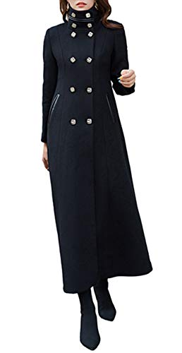 Damen Zweireihig Dicke Warm Winter Lange Wollmischung Trenchcoat Jacke Kaschmir Mantel, Schwarzer Stehkragen, Stil 2, 42 von PLAERPENER