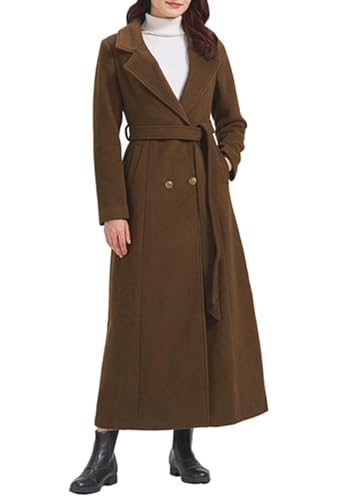 PLAERENER Damen Reverskragen Zweireihiger Wollmantel Winter Lang Trenchcoat mit Gürtel, kaffeebraun, 38 von PLAERPENER