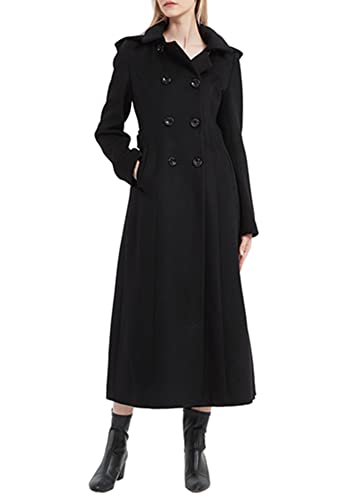 PLAERPENER Damen Eleganter zweireihiger langer Wintermantel aus Wolle mit Kapuze Warme Mäntel Trenchcoat, Schwarz , 36 von PLAERPENER