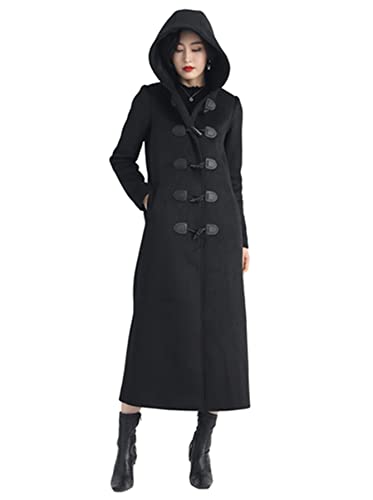 PLAERPENER Damen Trenchcoat Kaschmir Wolle Winter Warm Dicke Zweireihig Lange Jacke, Schwarze Kapuze lang Stil 9, 40 von PLAERPENER