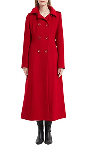 PLAERPENER Damen Wolle Langer Mantel Mantel Kapuze Wollmantel Winter Oberbekleidung Warm Erbsenmantel Trenchcoat, rot, 34 von PLAERPENER