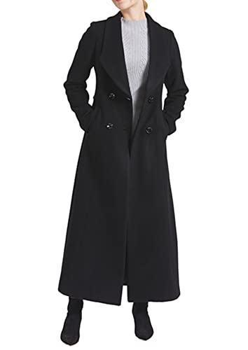 PLAERPENER Damen Zweireiher Charmante Kaschmir Wolle Erbsen Mantel Jacke Warm Dicke Lange Winter Outwear Trenchcoat, Schwarzer Anzugkragen 2, 40 von PLAERPENER